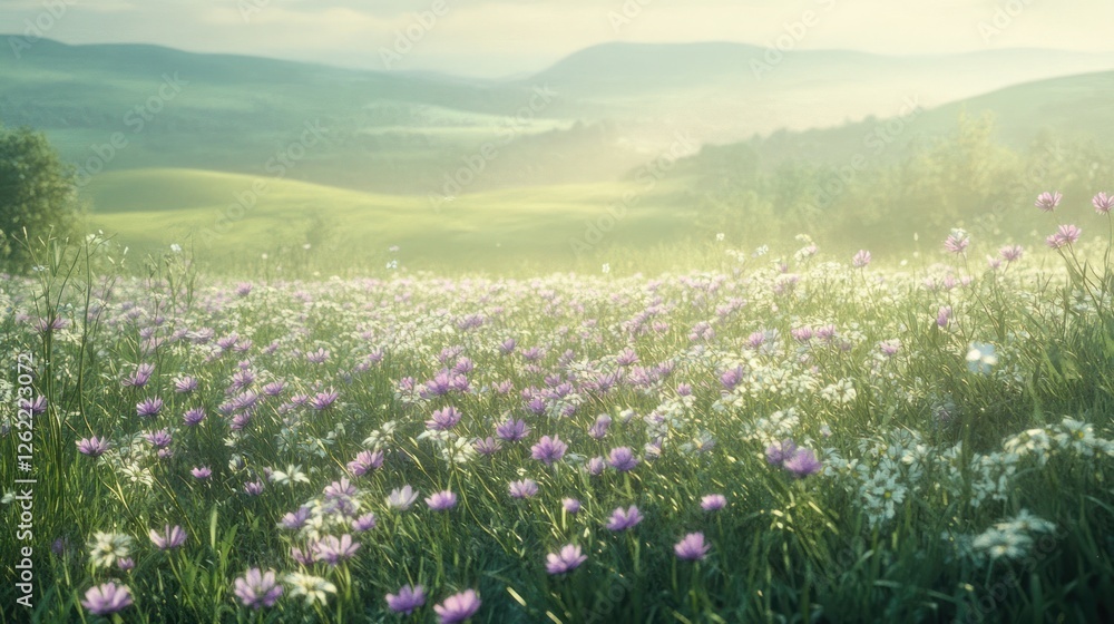 Sunrise over rolling hills, wildflowers meadow. Peaceful nature scene Sunrise over rolling hills, wildflowers meadow. Peaceful nature scene