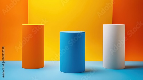 Vivid Cylinders on Light Blue Surface Against a Vibrant Orange and Yellow Geometric Backdrop