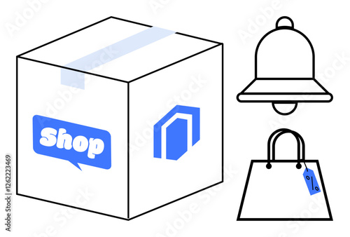 Package box labeled shop, notification bell, and shopping bag with price tag. Ideal for e-commerce, online retail, delivery services, notifications, marketing, consumerism abstract line flat