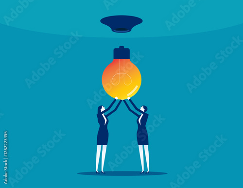 Business group trying to replace a light bulb. Business teamwork vector flat style