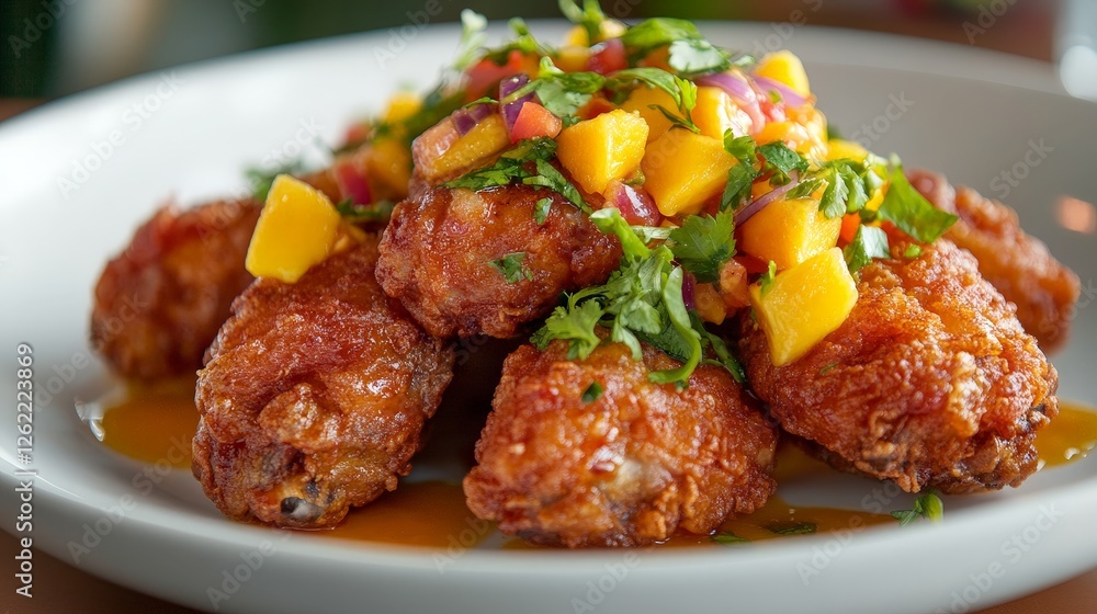 Crispy chicken wings topped with mango salsa and herbs on a white plate. Crispy chicken wings topped with mango salsa and herbs on a white plate.