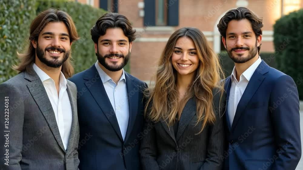 Four men and a woman are posing for a photo in suits. Scene is professional and formal Four men and a woman are posing for a photo in suits. Scene is professional and formal