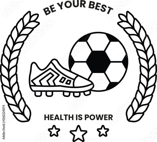 soccer ball and a pair of cleats are shown in a circle with the words in the style of sign illustrations