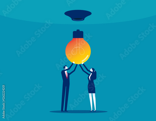 Business group trying to replace a light bulb. Business teamwork vector flat style