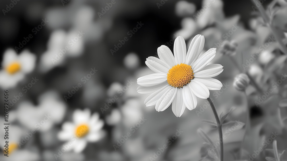 Fototapeta premium vibrant daisy stands out against monochrome background, showcasing its white petals and bright yellow center, evoking sense of beauty and tranquility