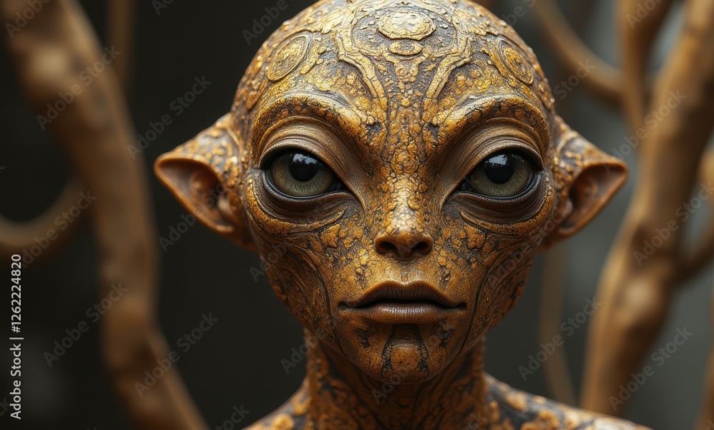 Intricate alien figure with golden patterns Intricate alien figure with golden patterns