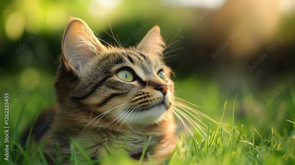 close up of tabby cat resting in green grass, gazing thoughtfully. soft sunlight highlights its fur and bright green eyes, creating serene and peaceful atmosphere close up of tabby cat resting in green grass, gazing thoughtfully. soft sunlight highlights its fur and bright green eyes, creating serene and peaceful atmosphere