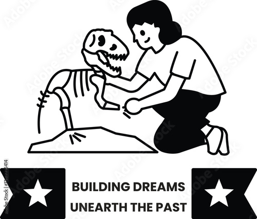 A woman is kneeling down next to a dinosaur skeleton in the style of sign illustrations