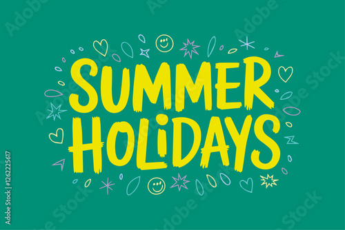 Summer Holidays Typography Text Vector Template – Trendy Handwritten Calligraphy with Stylish Font Design for Wallpapers, Backgrounds, Travel Posters, Beach Party Invitations, Vacation Greeting Cards,
