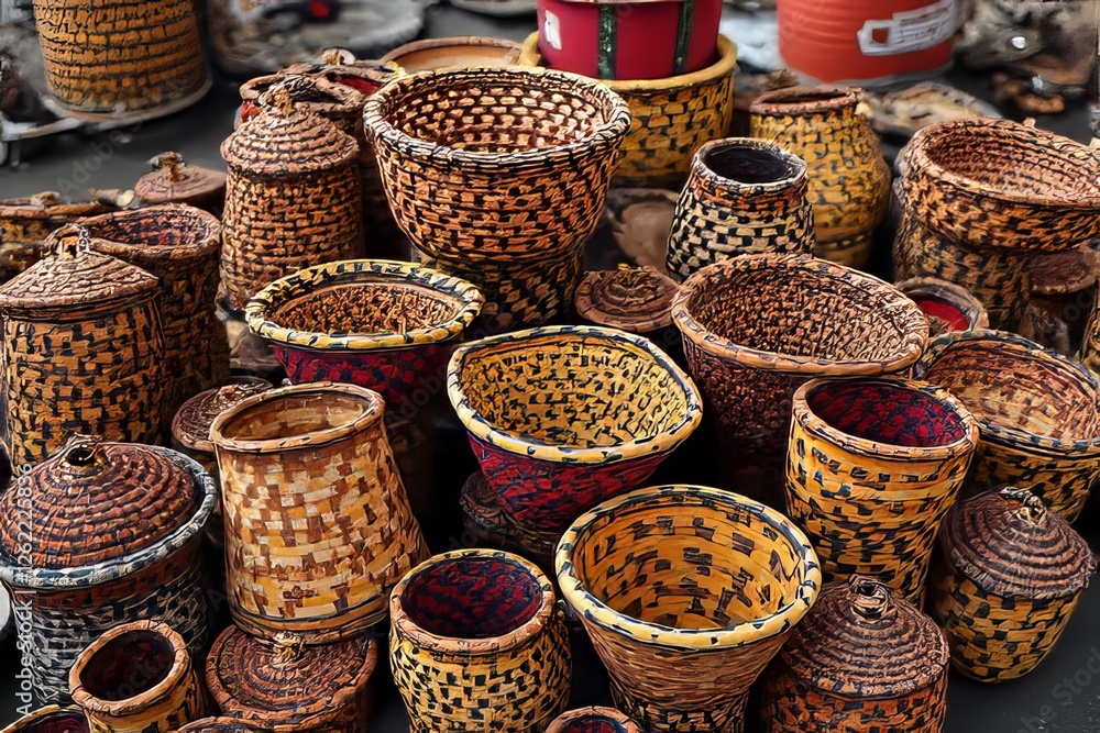 Fototapeta premium Handcrafted Baskets - Colorful Woven Patterns for Sale