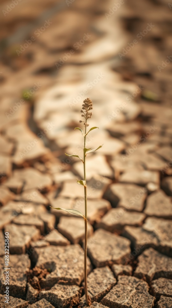 Resilience of nature captured in a solitary plant thriving on cracked earth under golden sunlight Resilience of nature captured in a solitary plant thriving on cracked earth under golden sunlight
