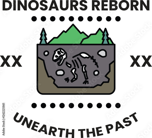 A dinosaur is shown in a hole in the ground in the style of sign illustrations