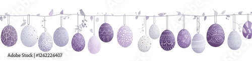 Engaging Easter illustration in purple and gray with egg ornaments