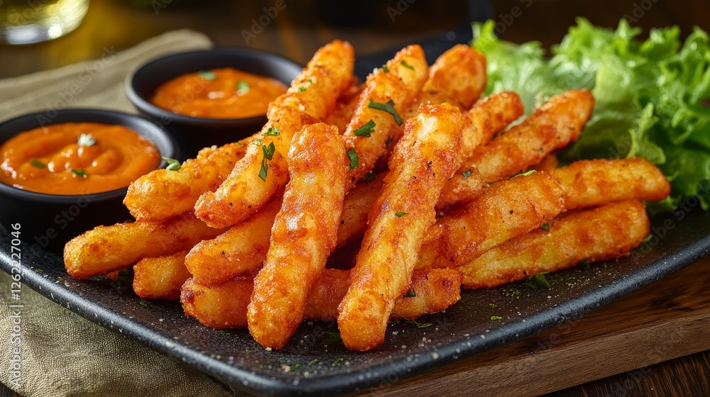Crispy golden fries served with dipping sauces and a side of lettuce. Crispy golden fries served with dipping sauces and a side of lettuce.