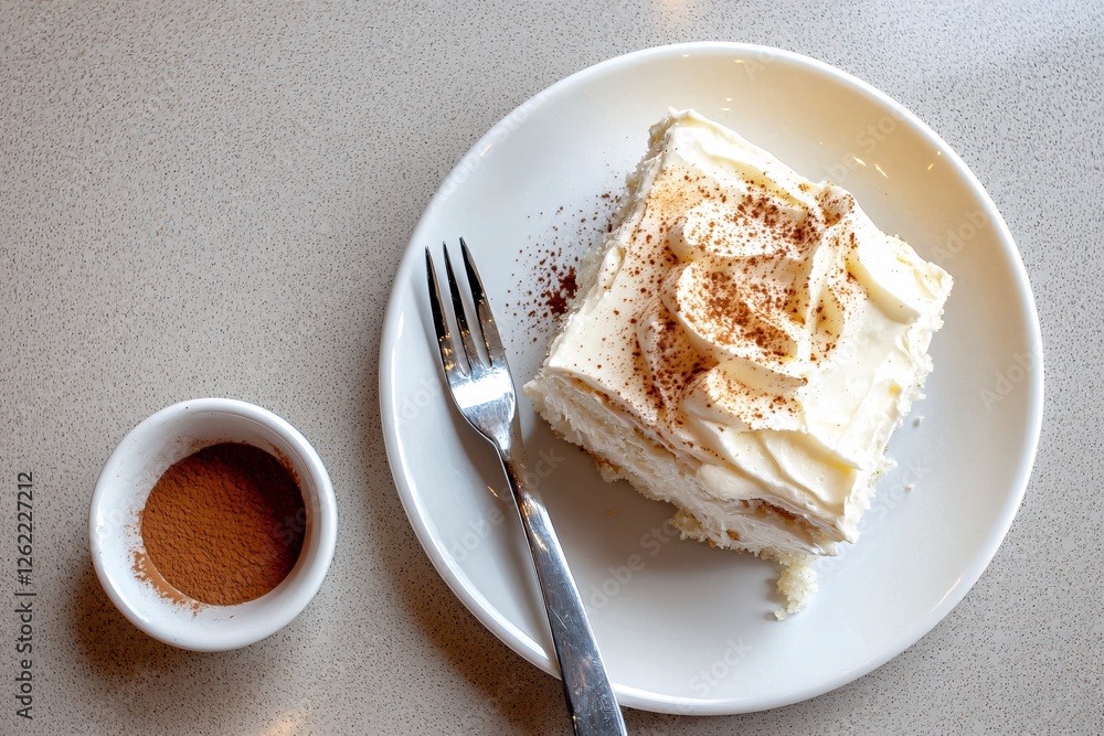 Delicious Slice of Creamy Cake with Cinnamon Dusting on a White Plate Ready to be Enjoyed