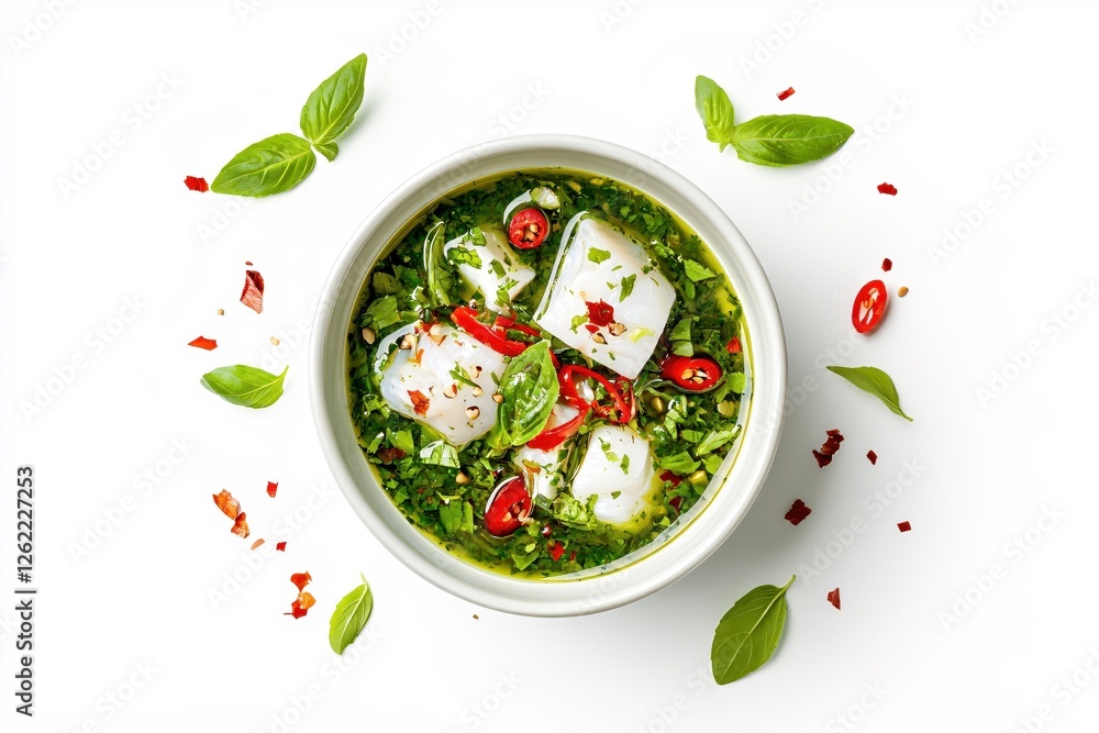 Delicious white fish in green sauce with basil and red pepper on white background studio shot Delicious white fish in green sauce with basil and red pepper on white background studio shot