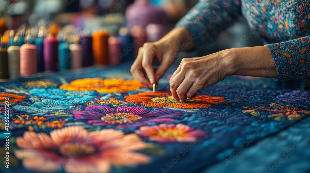 Artisan is quilting vibrant floral design by hand, surrounded by various colorful fabric swatches quilting tools focus is on careful precise stitching, showcasing skill involved in handmade quilting Artisan is quilting vibrant floral design by hand, surrounded by various colorful fabric swatches quilting tools focus is on careful precise stitching, showcasing skill involved in handmade quilting