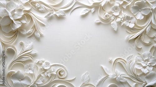 A delicate parchment craft design featuring intricate patterns, where paper is perforated embossed to create stunning decorative effect design framed with elegant borders, showcasing fine details