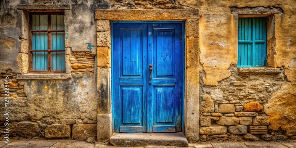Obraz premium Grungy Blue Wooden Door, Stone Building, Rule of Thirds Photography, Urban Decay, Architectural Detail