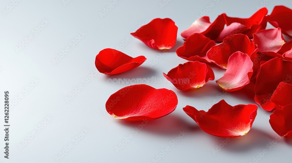 Scattered Red Rose Petals on a Light Gray Background Scattered Red Rose Petals on a Light Gray Background