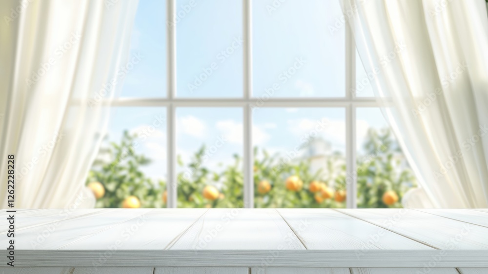 Fototapeta premium Bright and airy interior with window overlooking citrus garden in background and fresh natural light filtering through sheer curtains. Scene for display fruit product design.