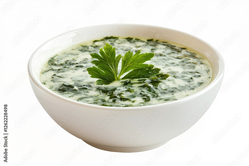 Creamy spinach soup in white bowl garnished with fresh parsley on white background Creamy spinach soup in white bowl garnished with fresh parsley on white background