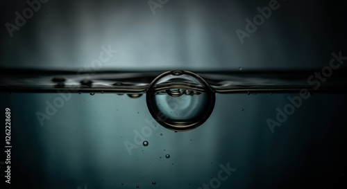 Close-up of a single air bubble rising in dark water photo