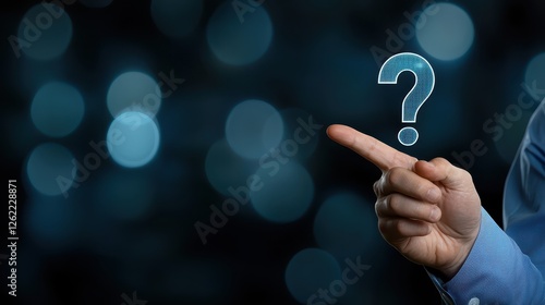 Businessman in a suit pointing to question mark. concept of problemsolving, decisionmaking, seeking answers and solutions. photo