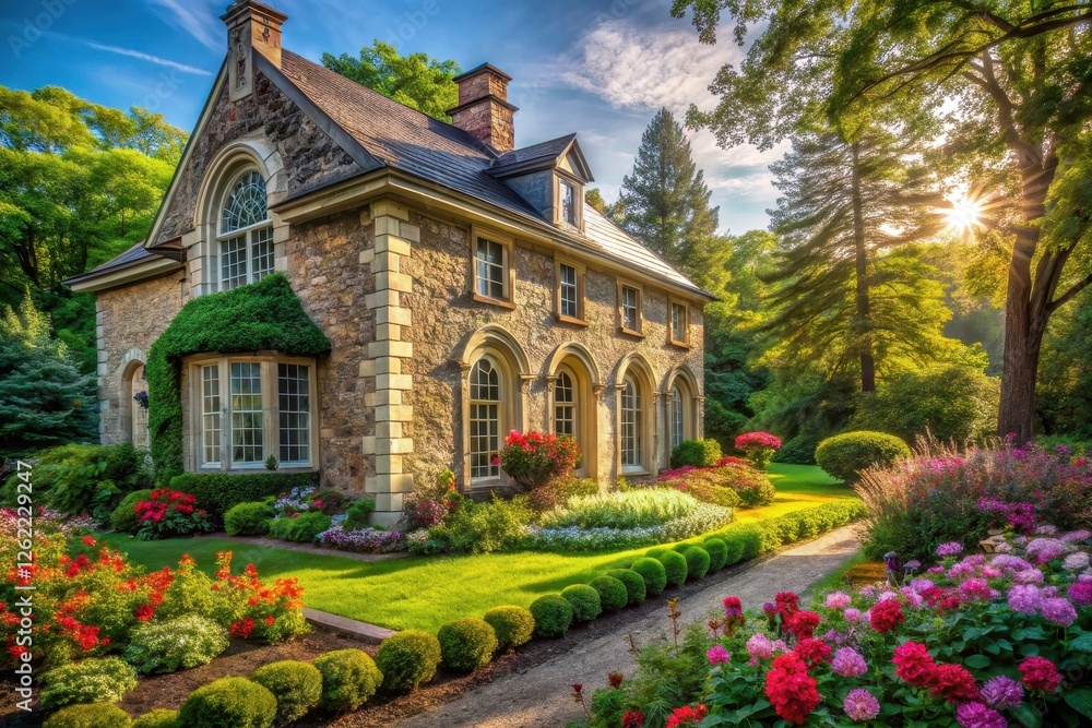A Picturesque Stone House with a Lush, Vibrant Garden bathed in Golden Sunlight A Picturesque Stone House with a Lush, Vibrant Garden bathed in Golden Sunlight