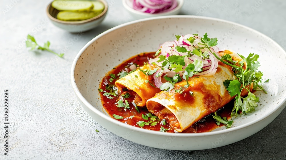 Delicious enchiladas with red sauce and fresh toppings in a white bowl gourmet mexican meal Delicious enchiladas with red sauce and fresh toppings in a white bowl gourmet mexican meal