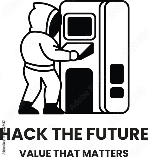 A man is hacking a vending machine in the style of sign illustrations
