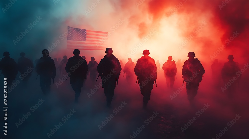 Fototapeta premium A breathtaking visual tribute, soldiers marching through mist with the American flag appearing in the background, their figures dissolving into a glowing red, white, and blue haze,