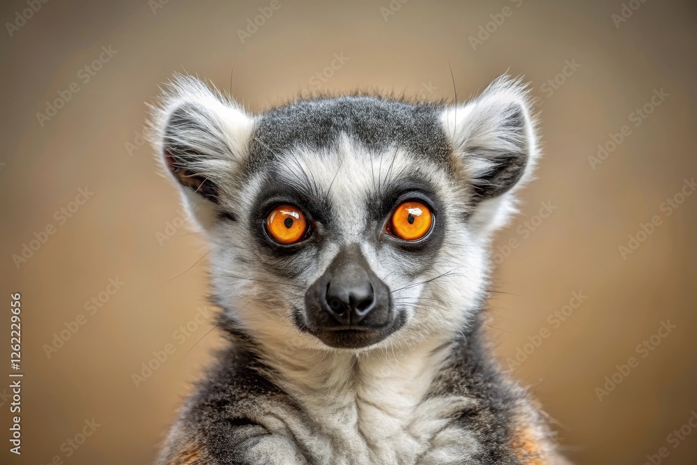 A captivating close-up portrait of a ring-tailed lemur, showcasing its striking orange eyes and unique facial features, against a softly blurred background. A captivating close-up portrait of a ring-tailed lemur, showcasing its striking orange eyes and unique facial features, against a softly blurred background.
