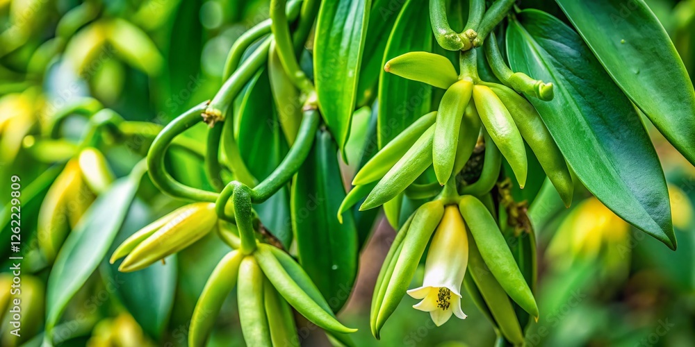 Obraz premium Aerial Close-Up of Vanilla Plant Blossom and Bean Pods - Tropical Agriculture