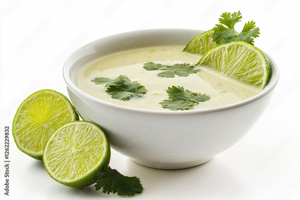 Creamy lime soup in white bowl with fresh cilantro and vibrant lime slices on white surface Creamy lime soup in white bowl with fresh cilantro and vibrant lime slices on white surface