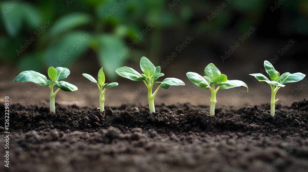 New green seedlings growing in rich soil, symbolizing growth and renewal. plants vary in height, showcasing stages of development in vibrant garden setting New green seedlings growing in rich soil, symbolizing growth and renewal. plants vary in height, showcasing stages of development in vibrant garden setting