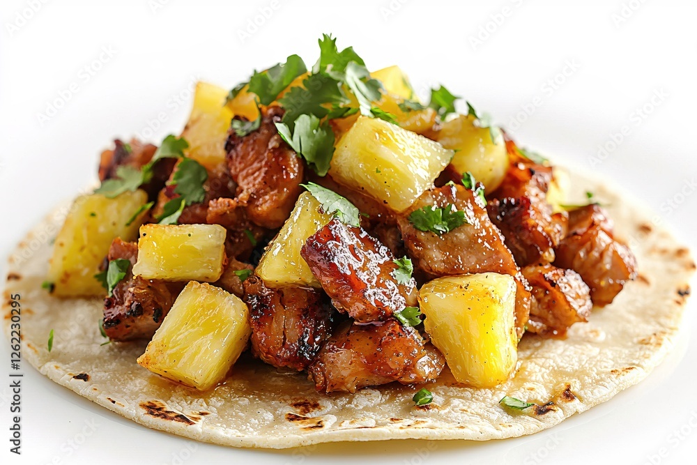 Delicious al pastor taco with pineapple and cilantro on a white background close up view Delicious al pastor taco with pineapple and cilantro on a white background close up view