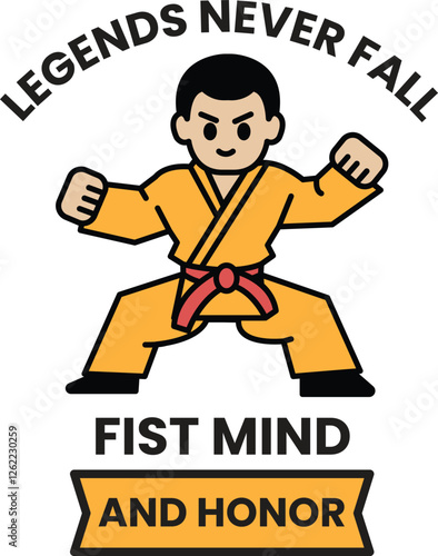 A cartoon of a man in a karate uniform with the word in the style of sign illustrations