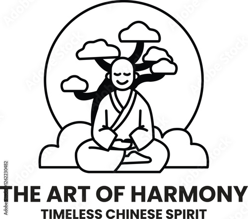 A man in a robe is sitting in a lotus position in the style of sign illustrations