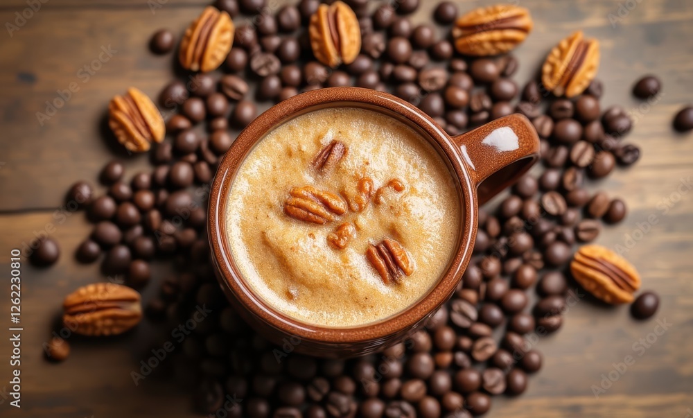 Delicious coffee with pecans on top Delicious coffee with pecans on top