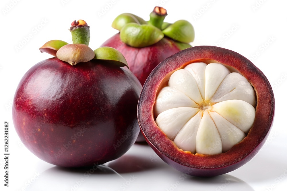Fresh Mangosteen Whole and Halved on a White Background Fresh Mangosteen Whole and Halved on a White Background