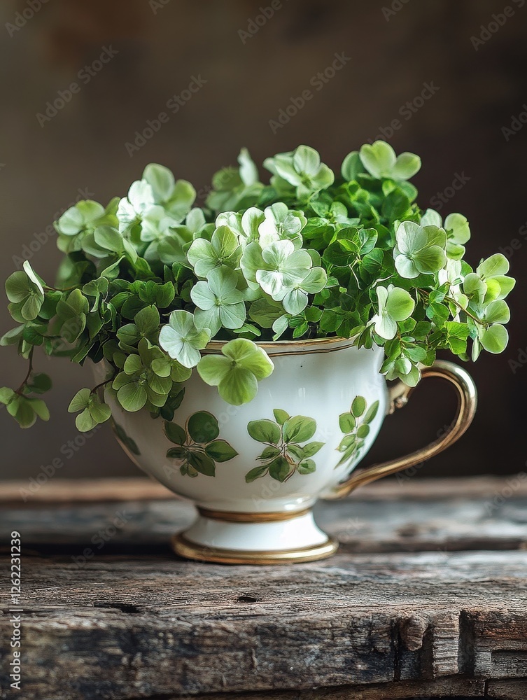 A white and gold cup with green leaves on it A white and gold cup with green leaves on it