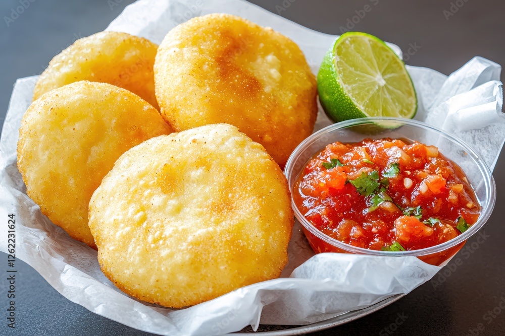 Golden Arepas with Fresh Salsa and Lime A Vibrant Still Life of Latin American Cuisine Golden Arepas with Fresh Salsa and Lime A Vibrant Still Life of Latin American Cuisine