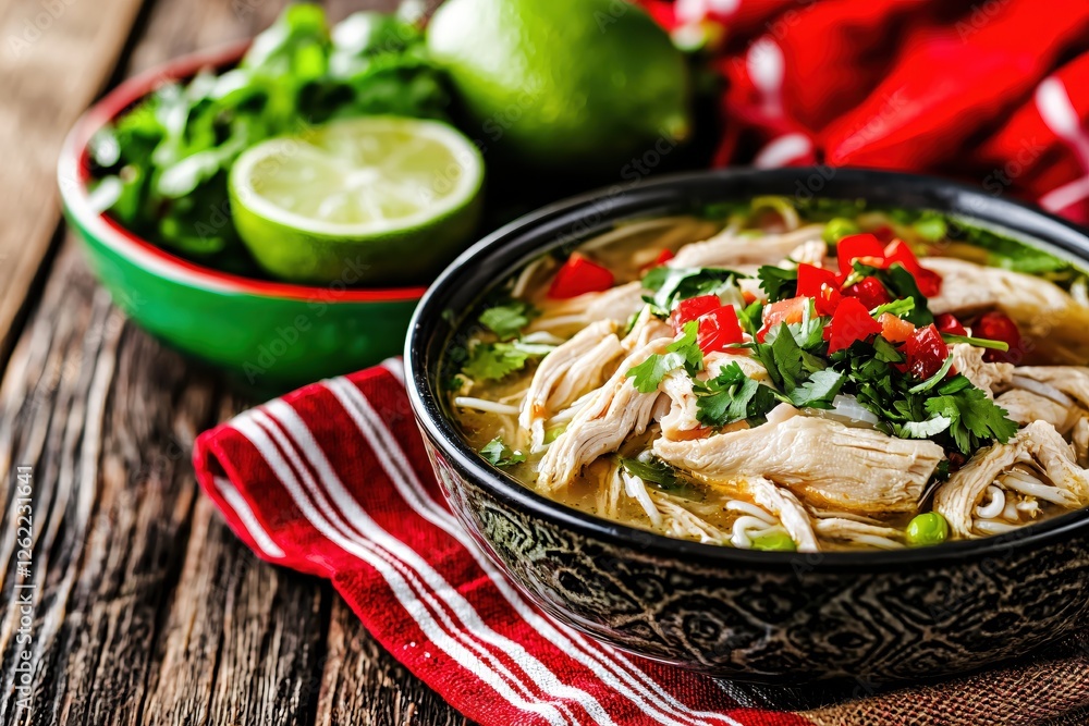 Delicious Chicken Soup with Lime and Cilantro on Rustic Wood Table with Red Napkin Delicious Chicken Soup with Lime and Cilantro on Rustic Wood Table with Red Napkin