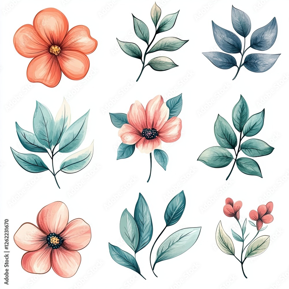 Watercolor Hand Drawn Flowers and Leaves Botanical Illustration Set for Design Projects Watercolor Hand Drawn Flowers and Leaves Botanical Illustration Set for Design Projects