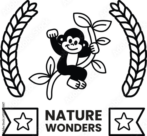 Photography A monkey is hanging from a tree branch in the style of sign illustrations