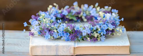 A blue flower wreath sits on top of a book