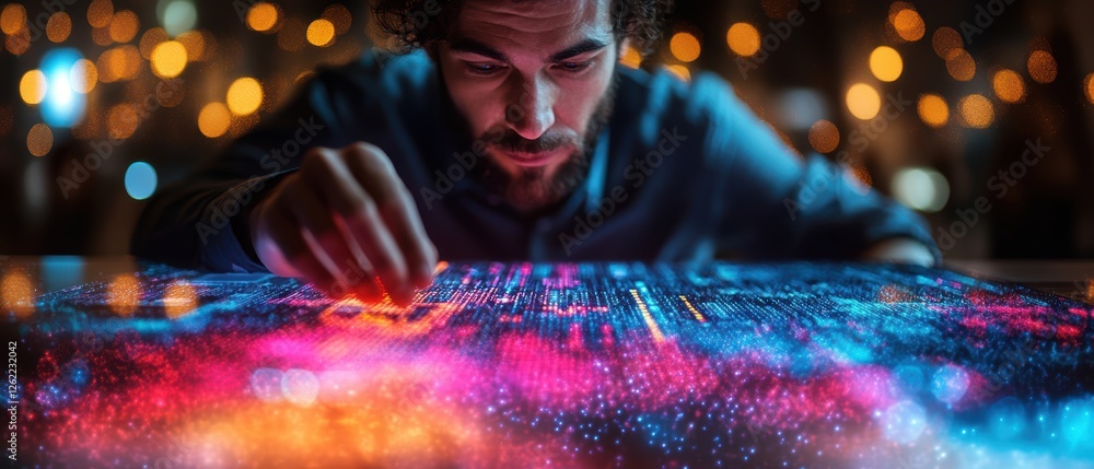 Business Executive Interacting with Holographic Data Business Executive Interacting with Holographic Data