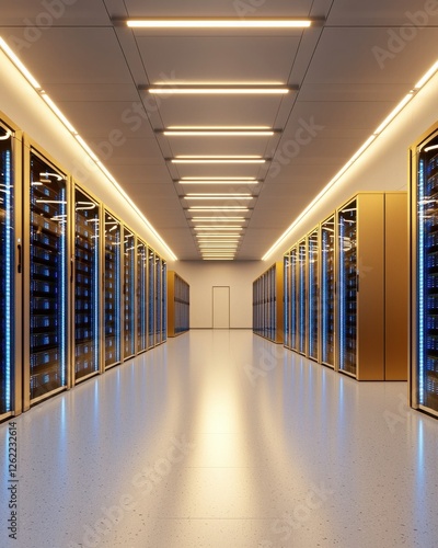 A modern data center corridor featuring illuminated server racks along the walls, creating a sleek, high-tech environment.