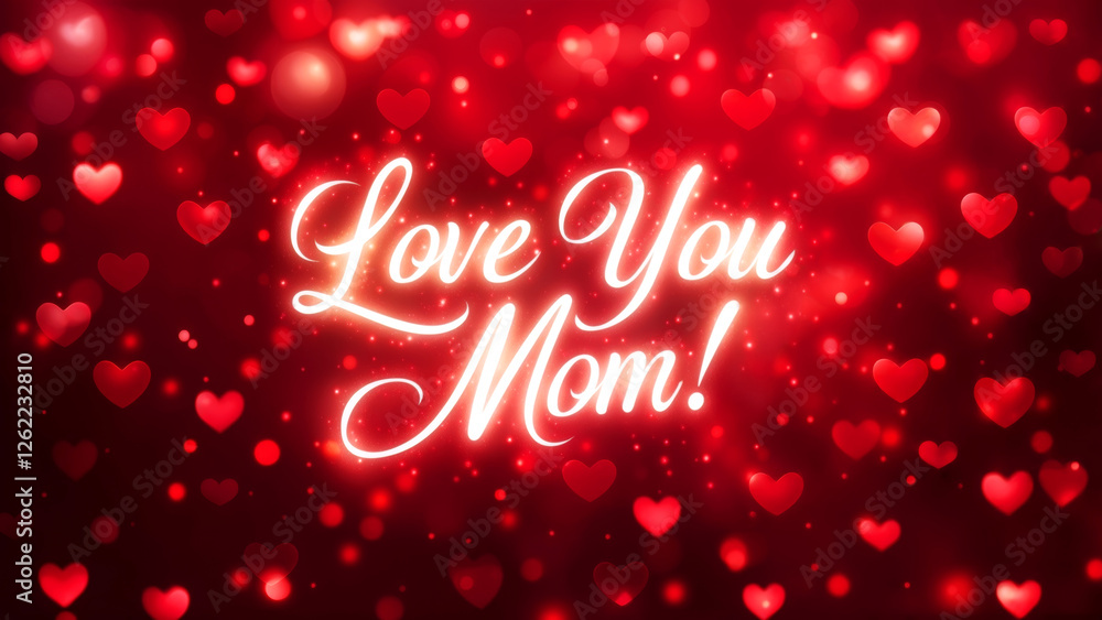 Glowing message surrounded by red hearts for Mother's Day with text Love You Mom greeting card Glowing message surrounded by red hearts for Mother's Day with text Love You Mom greeting card